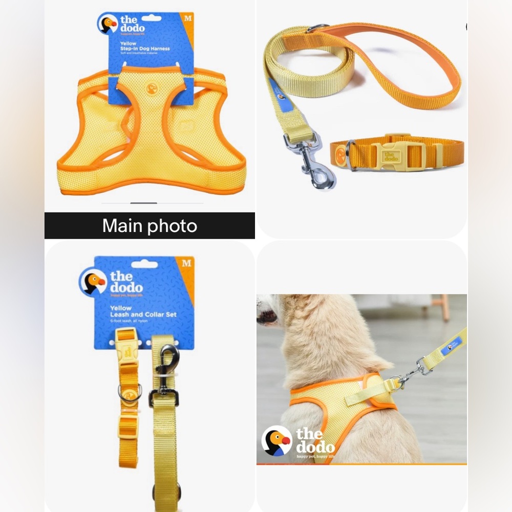 Dog Step-in Harness, Dog Collar & Leash SET! Yellow & orange! Breathable, Soft